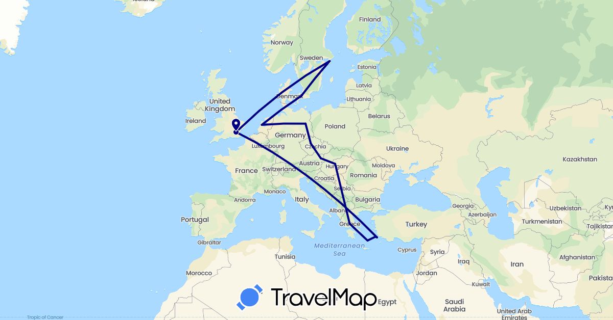 TravelMap itinerary: driving in Austria, Czech Republic, Germany, Denmark, United Kingdom, Greece, Hungary, Netherlands, Sweden (Europe)